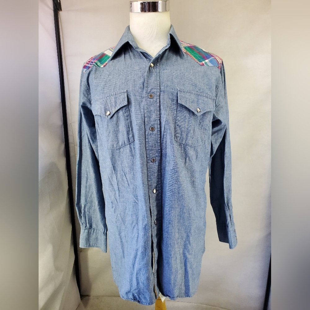 Pendleton High Grade Western Wear Chambray Pearl Snap Blue Shirt Sz Large